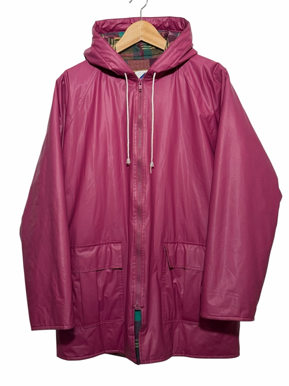 Vtg Misty Harbor Women Purple Hooded Plaid Flannel Lined Raincoat Slicker Size L